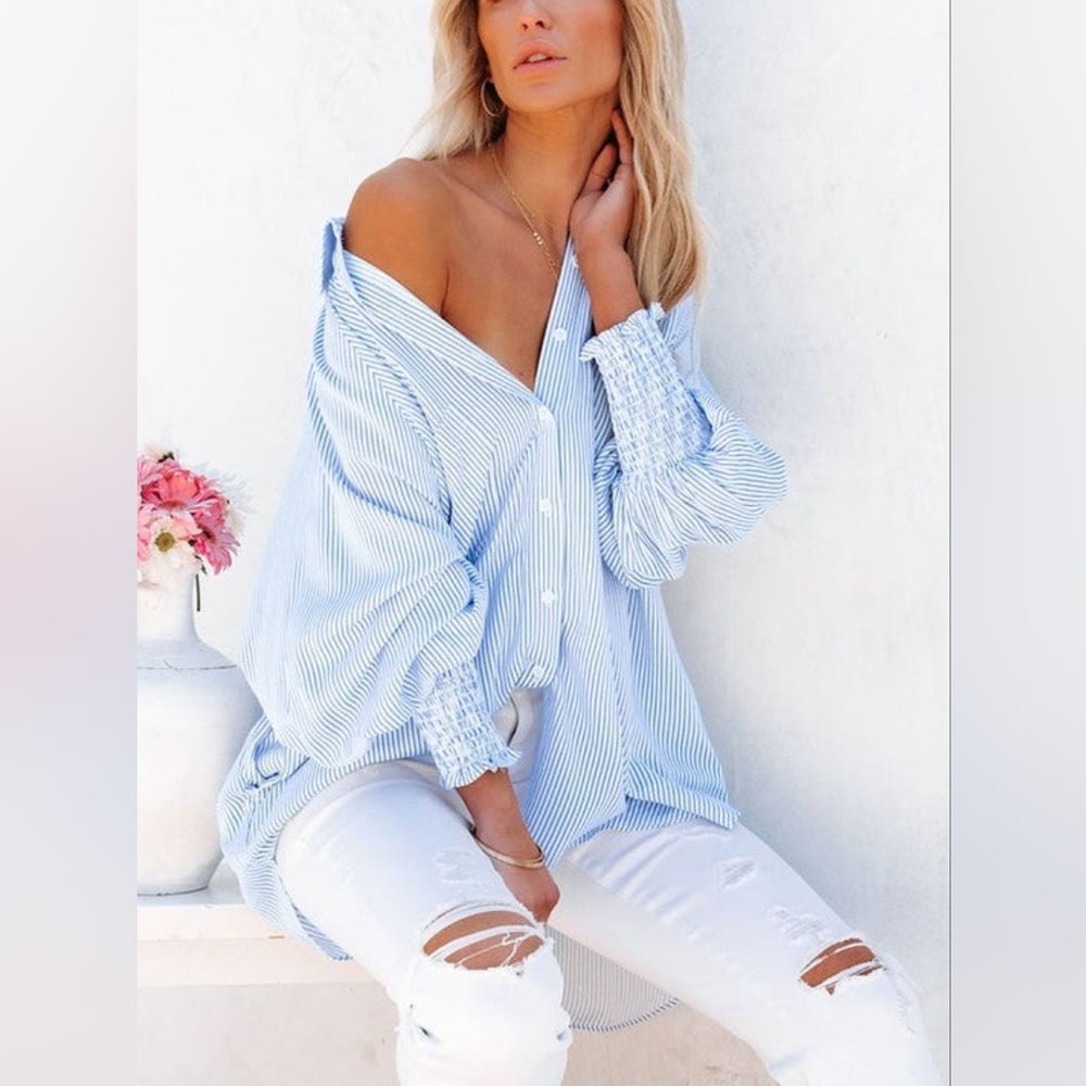Stripe Smocked Shirred Oversized Shirt Blouse